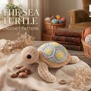 May include: A crocheted sea turtle toy with a beige head and flippers, featuring a shell composed of pastel yellow, mint green, and lavender hexagonal patches. The text "THE SEA TURTLE CROCHET PATTERN" is visible in the upper left corner of the image.