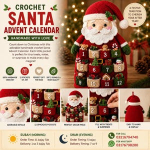 Virkmönster för jultomten med adventskalender i PDF-format, nedräkning till jul med 12 fickor, amigurumi till jultomten, virkad juldekoration