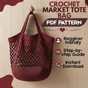 Crochet Market Bag Pattern PDF | Beginner Mesh Tote Bag | Reusable Grocery Shopping Bag | Foldable Market Bag | Instant Download