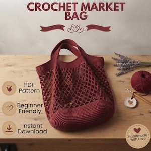 Crochet Market Bag Pattern PDF | Beginner Mesh Tote Bag | Reusable Grocery Shopping Bag | Foldable Market Bag | Instant Download