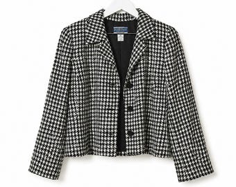 Pendleton Women's Houndstooth Blazer Size 12 Silk Blend Jacket Black White Lined Vintage USA Classic Career Jacket