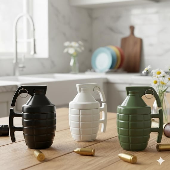 Grenade Shaped Ceramic Coffee Mug with Lid - Military Gift