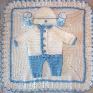 Baby Boy Blue und White häkeln Babyausstattung Pullover-Set, mit Hosen, Booties und Decke perfekt für Baby Shower Geschenk oder Take Me Home outfit
