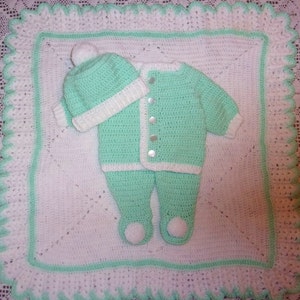 Baby Boy Crochet Outfit Layette Mint & White Sweater Set with Leggings and Blanket  Perfect For Baby Shower Gift or Take Me Home outfit