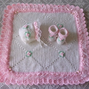 Crochet Baby Girl Frilly Fancy Blanket Set Layette With Satin and Lace Ruffle, Bonnet and Booties for Baby Shower Gift or Coming Home
