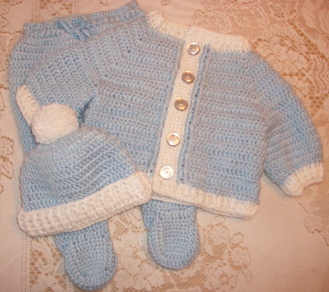 Crochet Baby Boy Blue Sweater Set Layette With Leggings Etsy