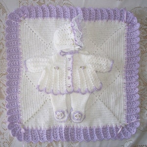 Crochet Baby Girl  Sweater Set Layette with Leggings, Bonnet and Blanket Frilly Lavender Perfect for Baby Shower Gift or Coming Home Outfit