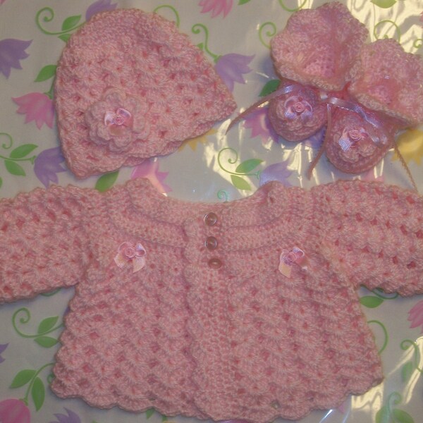Crochet  Baby Girl Sweater Set Layette Perfect For Take Me Home Baby Shower Gift