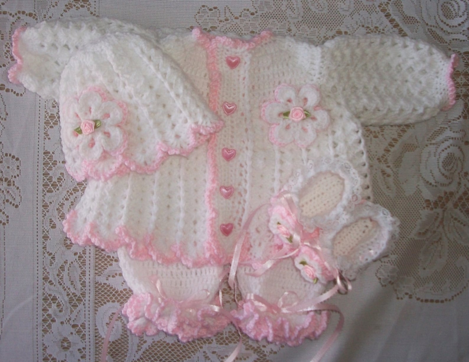 Crochet Baby Girl Pink Sweater Set Layette With Ruffled Etsy