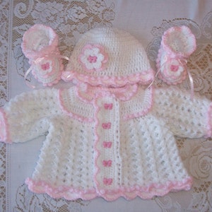Crochet Baby Girl Sweater,Hat and Booties White and Pink Layette with 3D Rosettes Perfect for Baby Shower,Newborn Gift or Coming Home Outfit