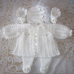 Crochet Baby Girl White Sweater Set Layette, Bonnet Leggings and Booties Perfect for Baby Shower Gift or Take me Home Newborn Gift
