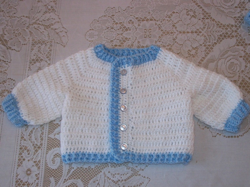 Crochet Baby Boy Outfit Layette Sweater Set in White and Blue - Etsy