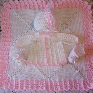NB-6 MOS-Crochet Baby Girl Säugling Baby Trage/Auto Sitz Decke und Pullover Set Babyausstattung Perfekt für Baby Shower Geschenk oder Take Me Home Outfit
