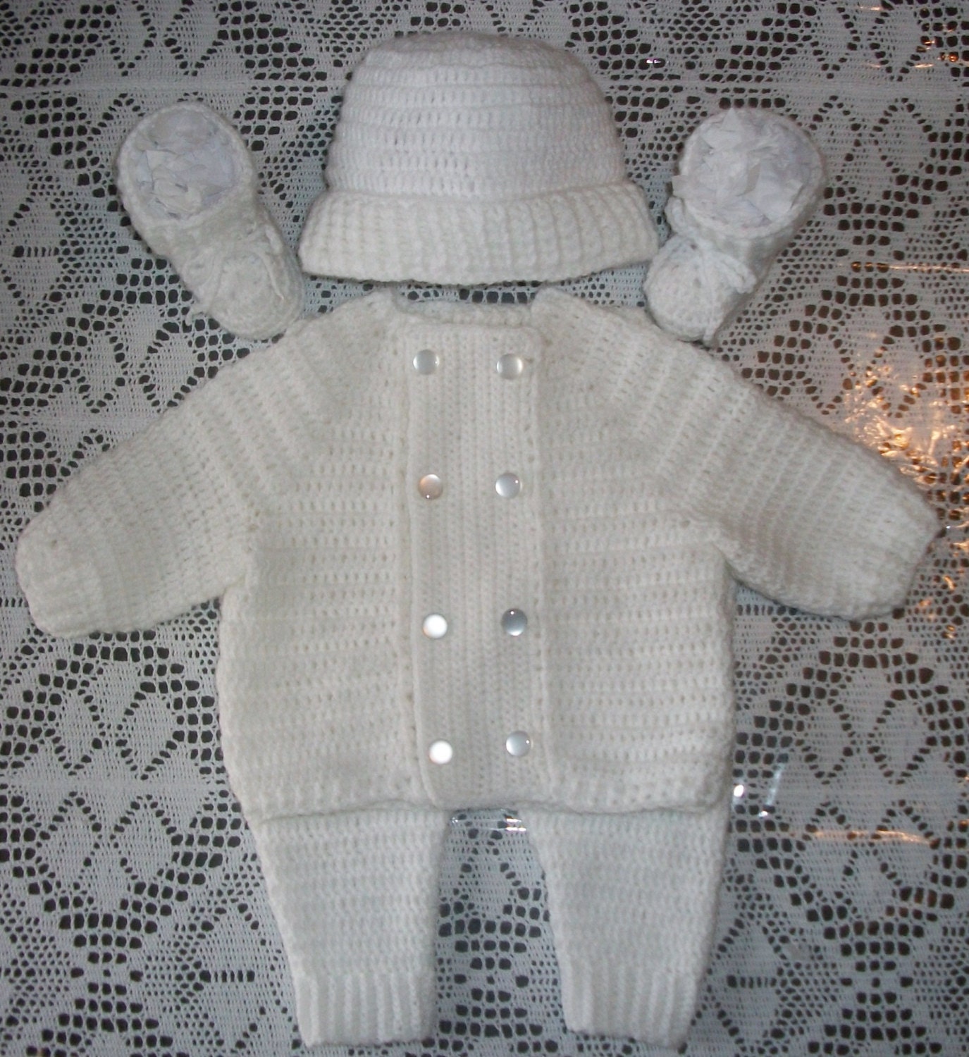 Crochet Baby Boy White Sweater, Leggings and Booties Layette Outfit