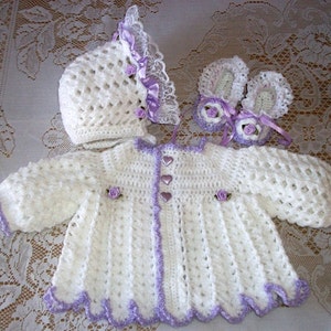 Crochet Baby Girl Sweater Set, Bonnet and Booties in White and Lavender Perfect for Baby Shower Gift or Take me Home Newborn Gift