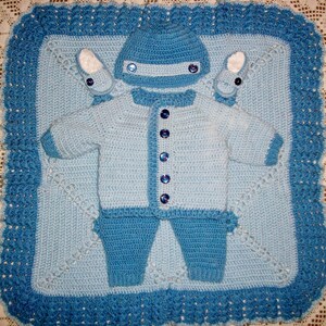 Häkeln Sie Baby Boy Babyausstattung Pullover Set, mit Leggings, Mütze, Loafer Booties und Decke perfekt für Baby Shower Geschenk oder Take Me Home outfit