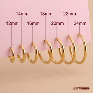 May include: A set of seven gold-toned hoop earrings displayed on a light pink card, with sizes labeled as 12mm, 14mm, 16mm, 18mm, 20mm, 22mm, and 24mm. The brand name earvanna is printed in the bottom right corner in a dark brown font.