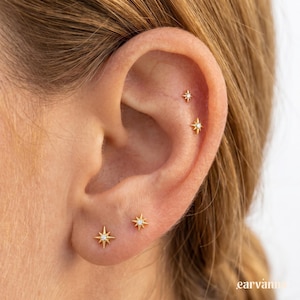 Labret à épingles en titane Starburst, clous d'oreilles à dos plat, clous hélicoïdaux, boucle d'oreille pour cartilage 16 g, boucles d'oreilles étoile dorées