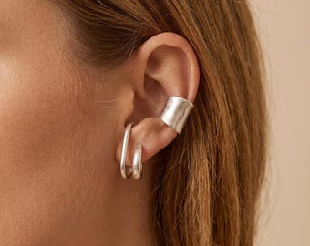 Pendiente de oreja grueso de plata, pendiente de oreja sin perforación, pendiente de oreja ancho minimalista, pendiente de oreja llamativo, joyería moderna para la oreja