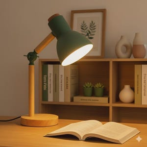 May include: A green and wood desk lamp with a round base and adjustable arm. The lamp is positioned over an open book on a wooden desk. The lamp's shade is directed towards the book, illuminating the pages. A wooden shelf with books and decorative items is in the background.