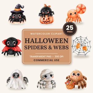 Peut inclure: Une collection d'illustrations à l'aquarelle représentant des araignées et des toiles mignonnes pour Halloween. L'ensemble comprend des araignées déguisées en sorcière, en momie et en fantôme, ainsi qu'une araignée avec une sucette.