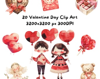 Conjunto de 20 ilustrações em aquarela para o Dia dos Namorados, perfeitas para scrapbooking digital, artesanato e presentes.