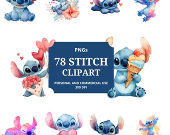 Paquete de imágenes prediseñadas de acuarela de 78 puntadas PNG, uso comercial, descarga digital