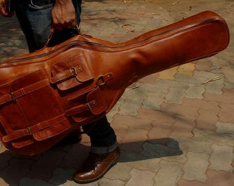 Leather Acoustic Guitar Gig Bag, Brown Backpack with Buckles