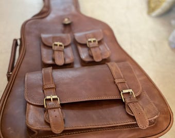 Brown Leather Acoustic Guitar Gig Bag, Buckle Straps, Backpack