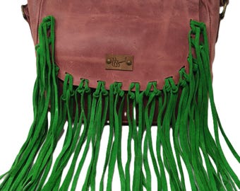 Distressed Leather Fringe Crossbody Bag, Red with Green Fringe, Bohemian Western Style