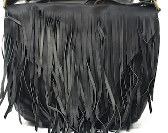 Genuine leather black fringe crossbody handbag sling boho style with tassel