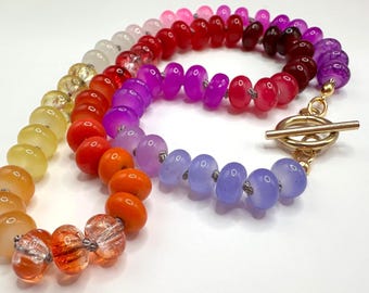 19” Rainbow Ombré Glass Bead Necklace – Hand-Knotted Silk with Gold Plated Toggle Clasp