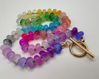 17” Ombre Glass Bead Hand Knotted Necklace with Gold Toggle Clasp