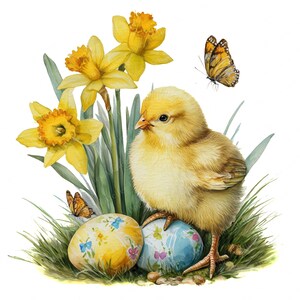 Op de afbeelding: Waterverfillustratie van een geel kuiken dat op twee versierde paaseieren staat, met gele narcissen, groen gras en twee oranje vlinders. De afbeelding heeft een lente- of Paasthema.