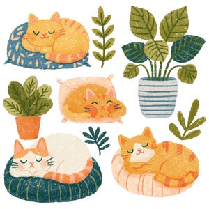 Könnte beinhalten: Illustrationen von schlafenden Katzen und Topfpflanzen. Die orangefarbenen und weißen Katzen liegen auf gemusterten Betten. Die Pflanzen haben grüne Blätter und befinden sich in Töpfen, darunter ein blau-weiß gestreifter Topf.
