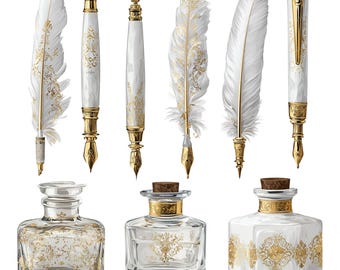 Set di 9 clipart di penne d'oca vintage, penne antiche con piume e boccette d'inchiostro, eleganti strumenti di calligrafia dorati PNG