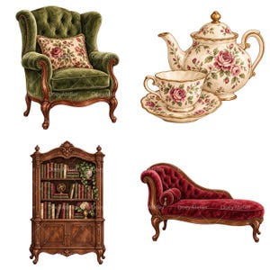 May include: A collection of furniture and tableware including a tufted olive green armchair with a floral pillow, a cream teapot and teacup set with rose patterns, a dark wood bookcase filled with books, and a tufted burgundy chaise lounge.