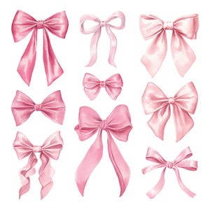 以下が含まれることがあります： 様々なスタイルのピンク色のリボン9つの水彩イラスト。リボンは、明るいピンクから濃いピンクまで、様々な色合いで、リボンの長さや結び目のデザインも様々です。白い背景に配置されています。