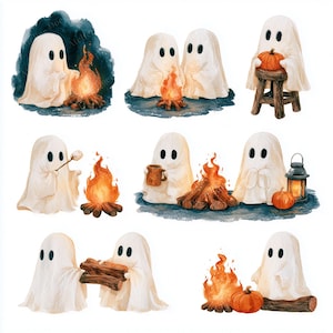 Peut inclure: Une collection d'illustrations à l'aquarelle représentant des fantômes blancs dans diverses activités, notamment assis près de feux de camp, grillant des guimauves, tenant des citrouilles, buvant dans des tasses, portant du bois et près d'une lanterne.
