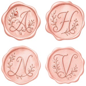 May include: Four blush-coloured wax seals featuring the letters A, H, N, and V in elegant script. Each seal is decorated with floral and leaf accents, giving a vintage and romantic feel. The seals are arranged in a square formation.