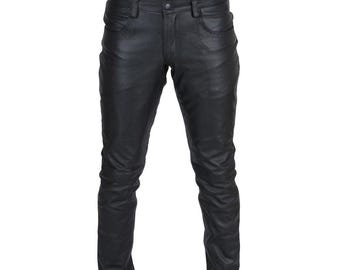 Herren schwarze Lammleder Lederhose - Handgefertigte Slim Fit Lederhose