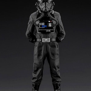 May include: A black Star Wars TIE Fighter pilot figure, standing with hands behind the back. The figure wears a black helmet with a white emblem, a black jumpsuit, and black boots. The figure has a chest box with blue and red details.