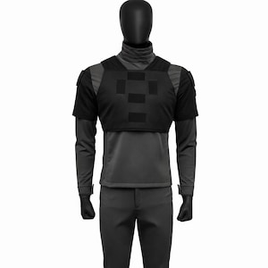 May include: A mannequin showcases a tactical outfit. The outfit comprises a black short-sleeved vest with a grid design, a long-sleeved grey shirt, and matching grey trousers. The mannequin also wears black gloves and boots, creating a cohesive, functional look.