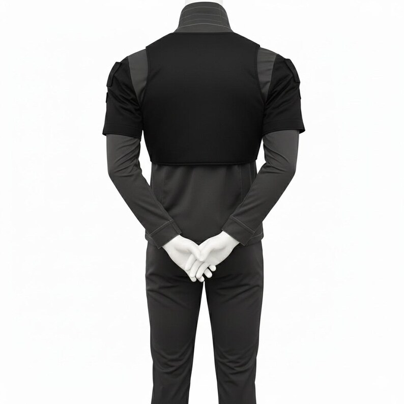 May include: Black tactical vest with short sleeves and shoulder details. The vest is worn over a long-sleeved top and trousers. The mannequin's hands are clasped behind its back.