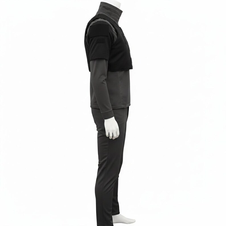 May include: A black tactical outfit comprising a mock turtleneck shirt, a cropped vest, and matching trousers. The vest has a square design and is worn over the long-sleeved shirt. The trousers are form-fitting. The outfit is displayed on a mannequin.