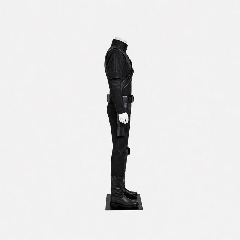 May include: A black costume displayed on a mannequin. The outfit features a high-collared jacket, fitted trousers, and tall boots. A belt with a holster and a small pouch is visible. The costume is designed with textured panels and details.
