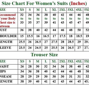 Puede incluir: Tabla de tallas para trajes de mujer en pulgadas, que detalla las medidas de busto, hombros, largo y mangas. Tambi&eacute;n incluye medidas de tallas de pantal&oacute;n. Tallas de XS a 5XL.
