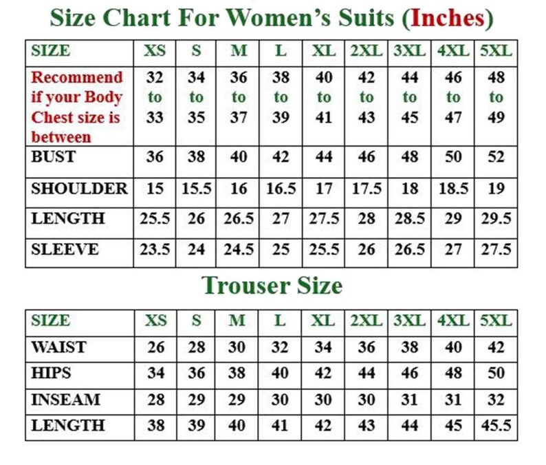 Puede incluir: Tabla de tallas para trajes de mujer en pulgadas, que detalla las medidas de busto, hombros, largo y mangas. Tambi&eacute;n incluye medidas de tallas de pantal&oacute;n. Tallas de XS a 5XL.