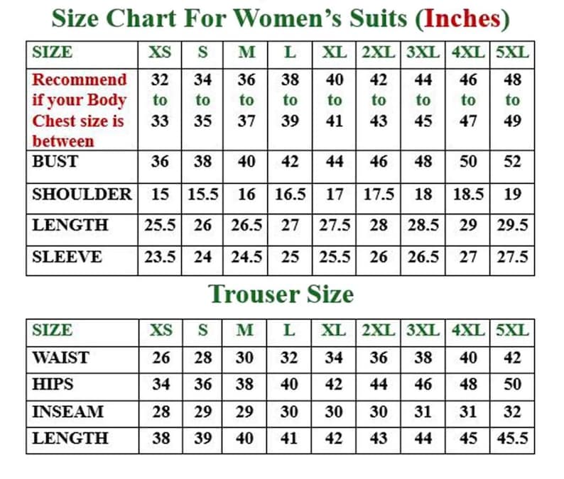 May include: Size chart for women's suits in inches. Includes measurements for bust, shoulder, length, and sleeve. Also includes trouser size measurements for waist, hips, inseam, and length. Sizes range from XS to 5XL.