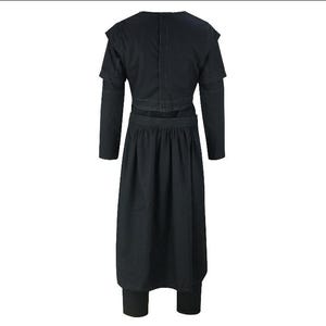 May include: A black, long-sleeved dress with a layered bodice and a gathered skirt. The dress features a high neckline and fitted leggings. The back of the dress is visible, showcasing the stitching details and design.